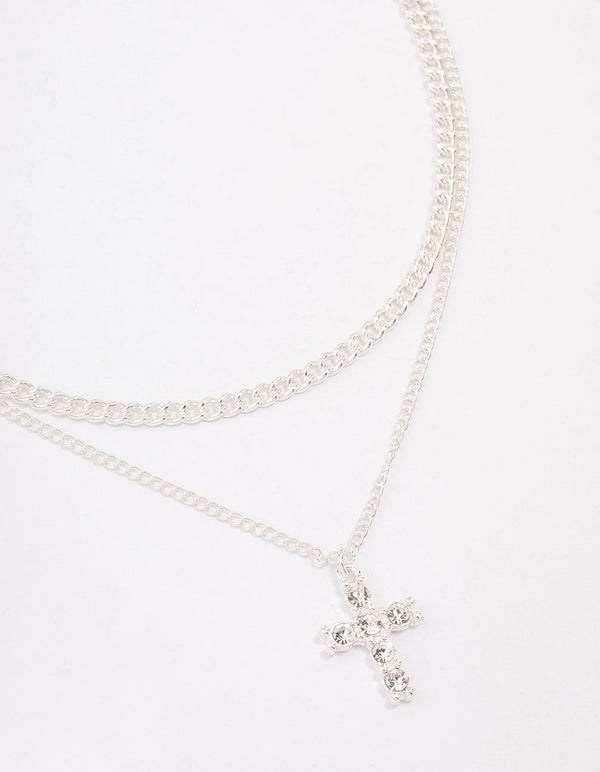 Silver Plated Diamante Cross Layered Curb Necklace