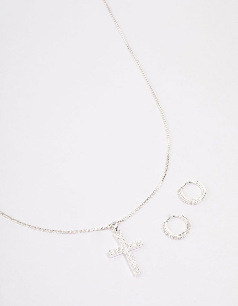 Silver Plated Diamante Cross Necklace & Huggie Earrings Jewellery Set