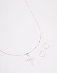 Silver Plated Diamante Cross Necklace & Huggie Earrings Jewellery Set - link has visual effect only