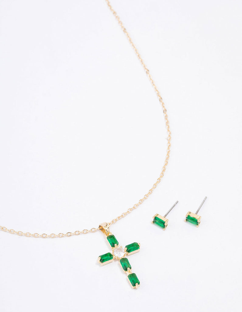 Gold Plated Emerald Cross Jewellery Set