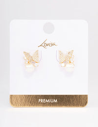 Gold Plated Pearl & Butterfly Cubic Zirconia Stud Earrings - link has visual effect only