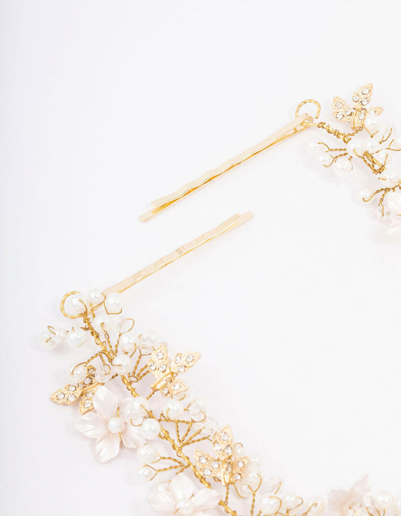 Gold Pearl Cluster Flower Hair Drape