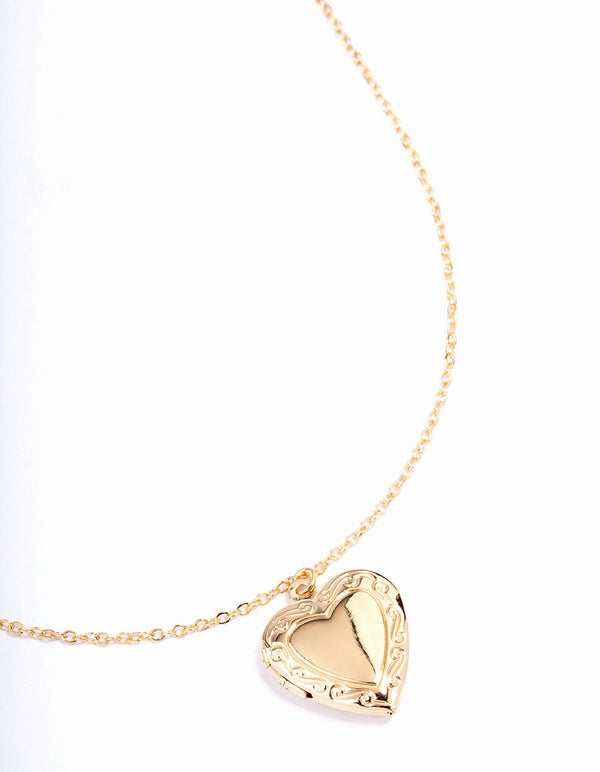 Gold Plated Detailed Heart Locket Pendant Necklace