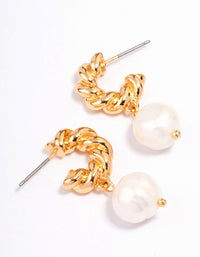 Gold Plated Textured Freshwater Pearl Hoop Earrings - link has visual effect only