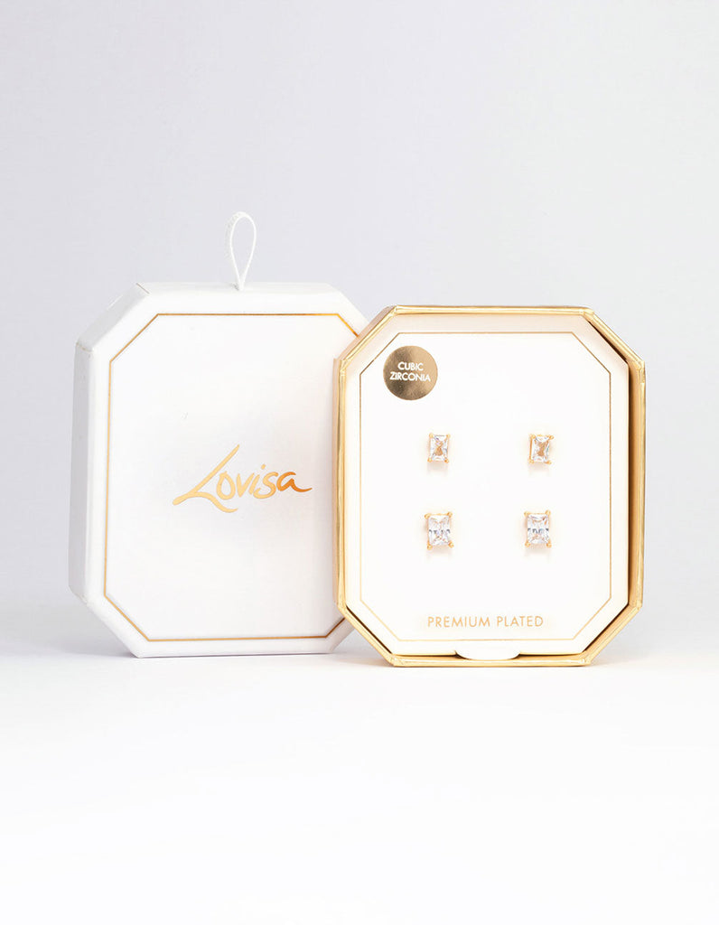 Gold Plated Cubic Zirconia Baguette Stud Earring Pack