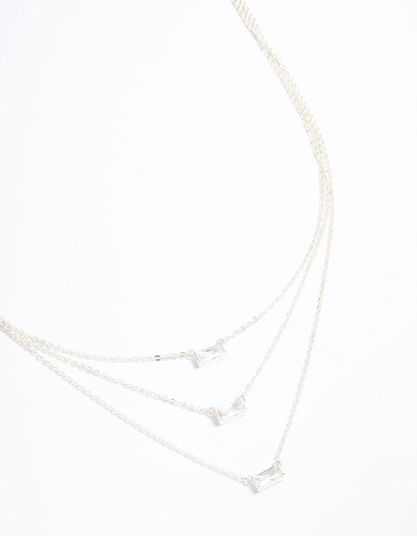 Silver Plated Cubic Zirconia Baguette Layered Necklace