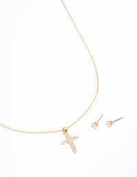 Gold Plated Cross Cubic Zirconia Necklace & Earrings Set - link has visual effect only