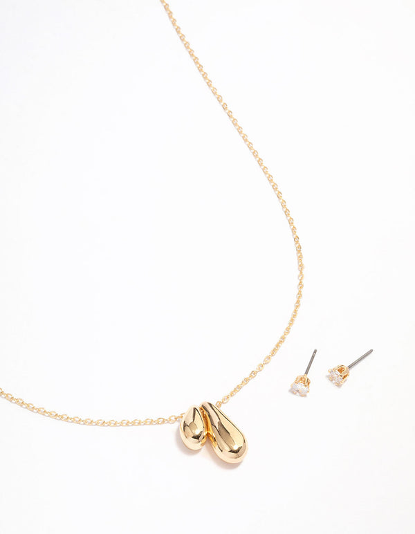 Gold Plated Double Drop Pendant Necklace & Earrings Set