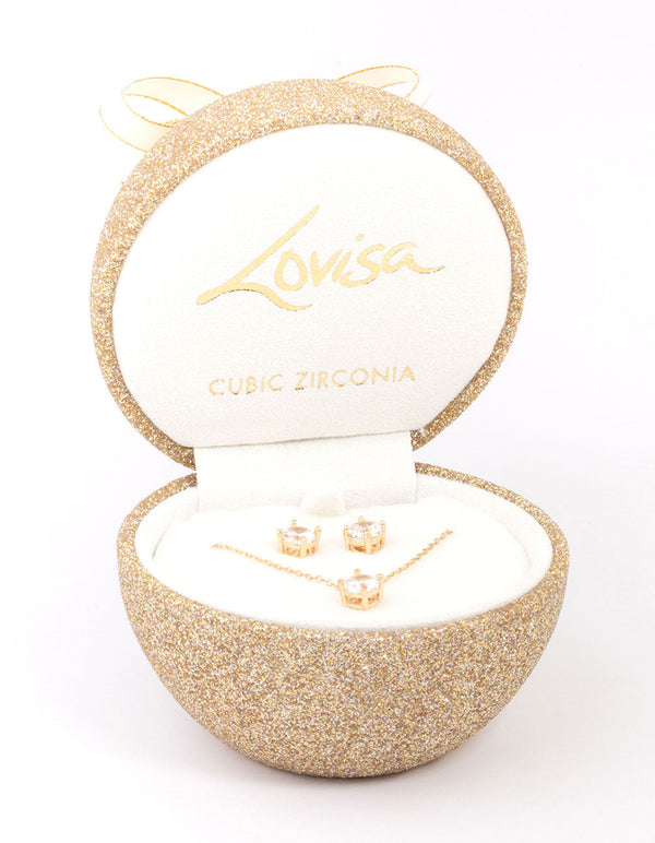 Gold Cubic Zirconia Round Earring & Necklace Set