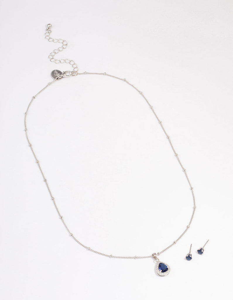Rhodium Cubic Zirconia Sapphire Earring & Necklace Set