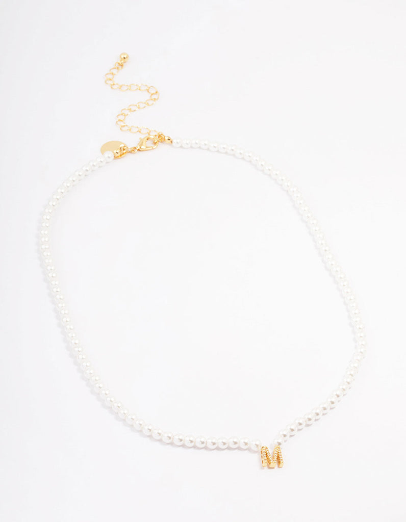 Gold Plated Letter Initial & Pearl Pendant Necklace