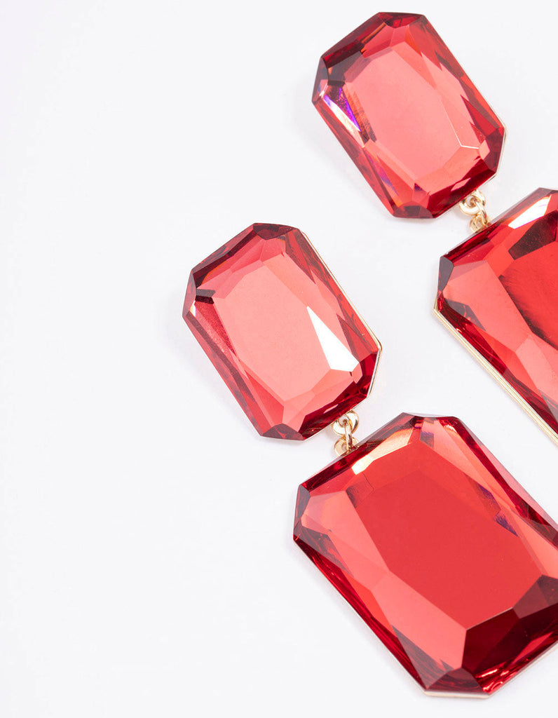 Red Statement Square Stone Drop Earrings