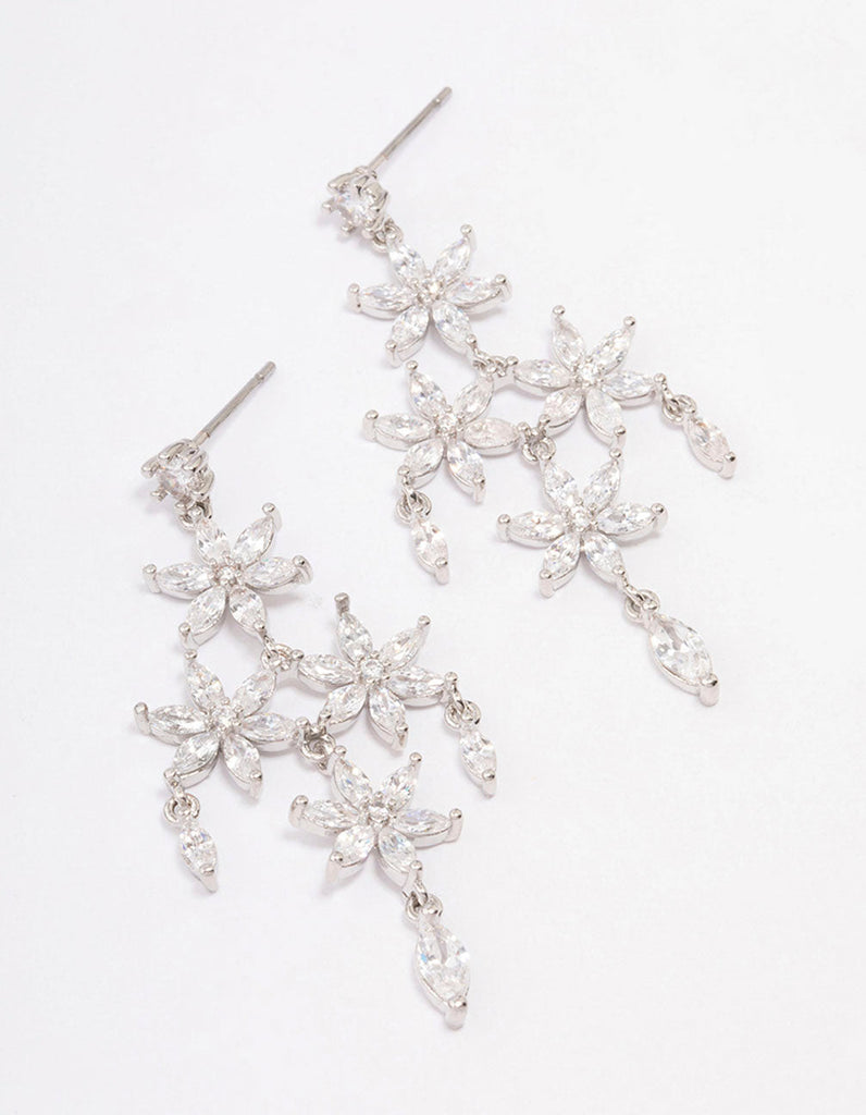 Rhodium Flower Chandelier Drop Earrings