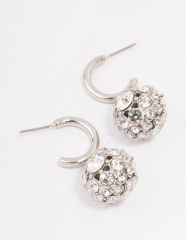 Rhodium Glamorous Ball Drop Huggie Earrings