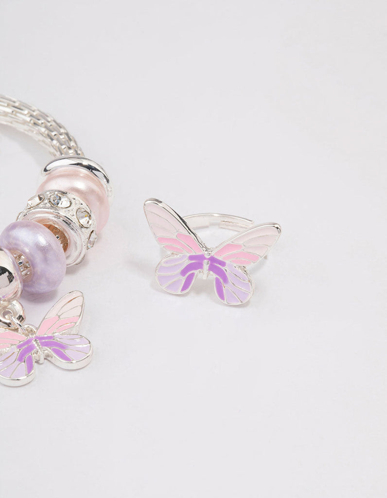 Kids Silver Stretch Glitter Butterfly Bracelet & Ring Set