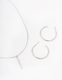 Rhodium Slim Stick Necklace & Earrings Jewellery Set - link has visual effect only