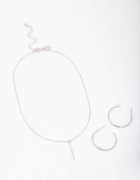 Rhodium Slim Stick Necklace & Earrings Jewellery Set - link has visual effect only