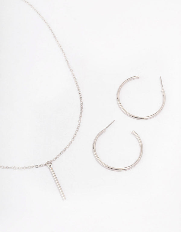 Rhodium Slim Stick Necklace & Earrings Jewellery Set