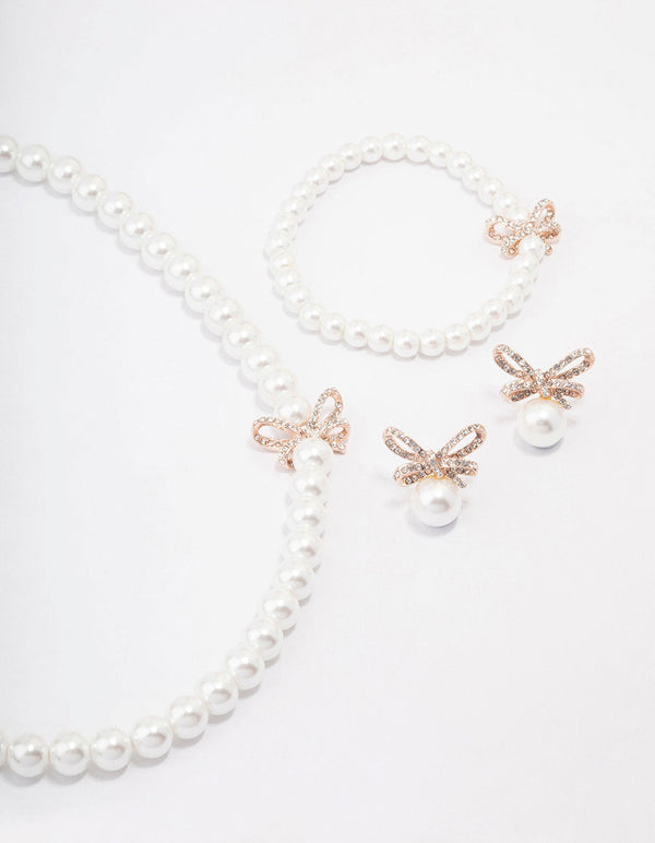Rose Gold Pearl & Bow Jewellery Set