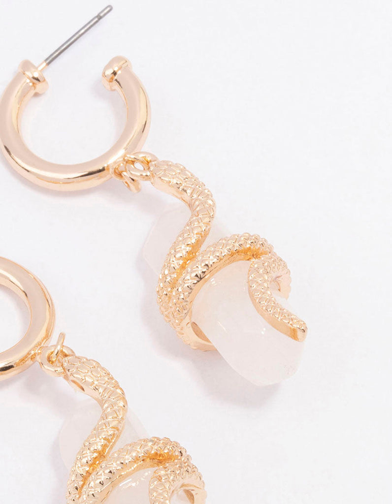 Gold Clear Quartz Snake Wrapped Drop Earrings
