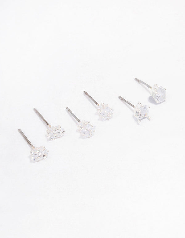 Silver Cubic Zirconia Mixed Shape Stud Earrings 3-Pack