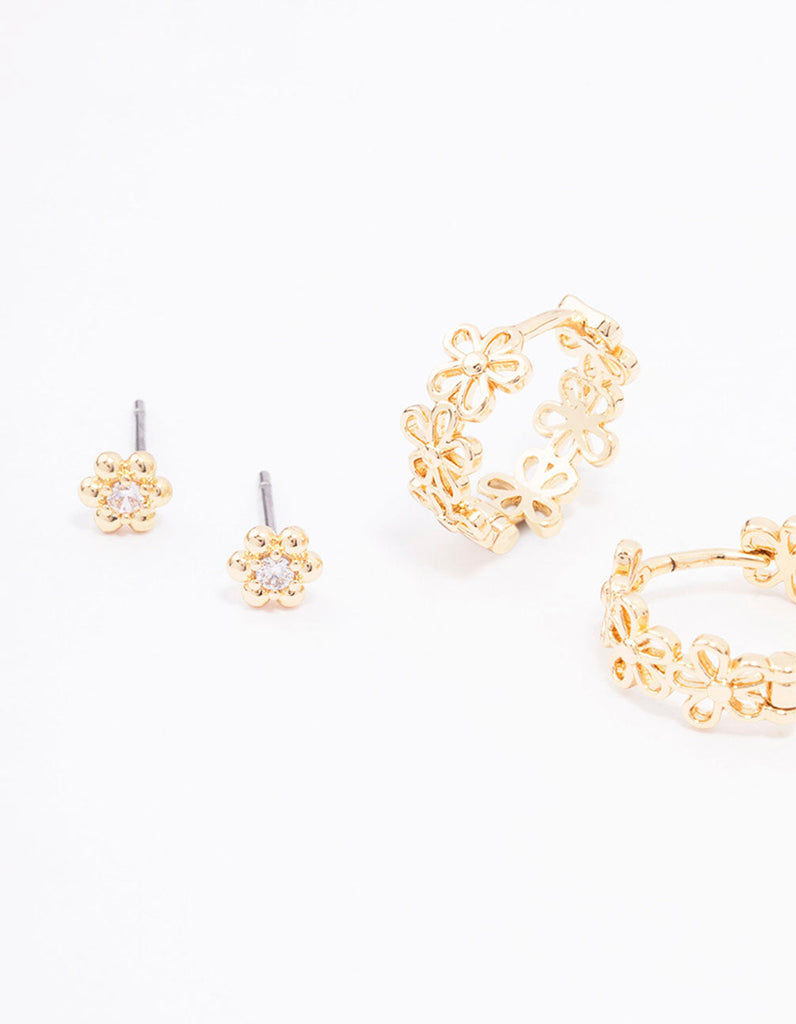 Gold Cubic Zirconia Mixed Flower & Ball Earrings 3-Pack