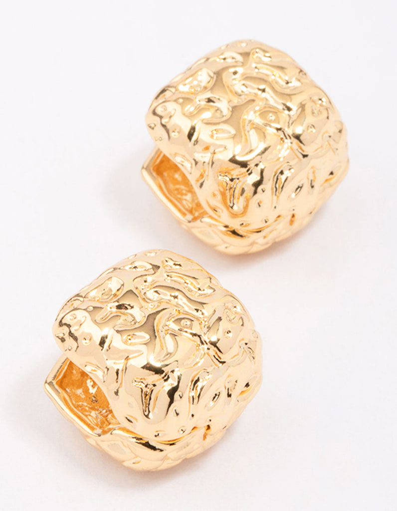 Gold Plated Molten Square Huggie Earrings