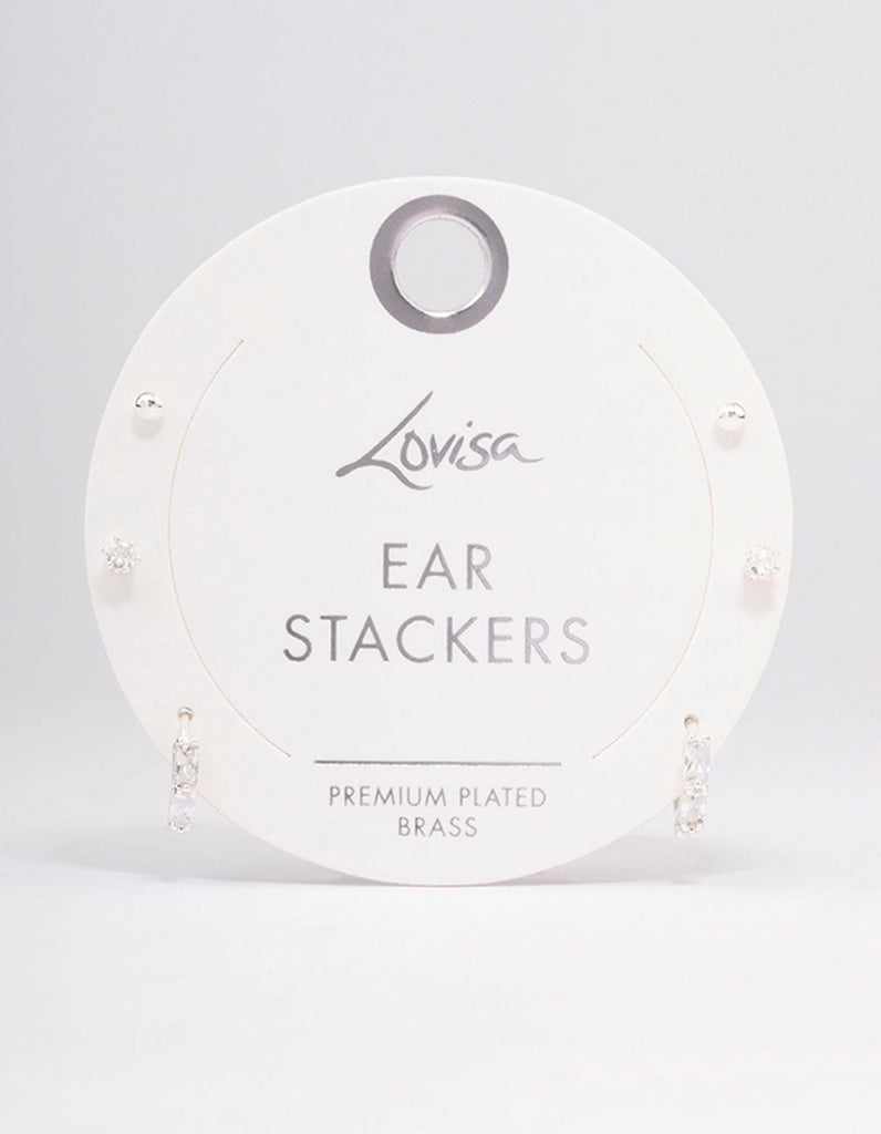 Silver Plated Baguette Huggie Earring 3-Pack